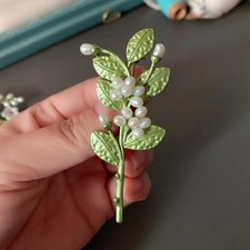 Vintage Pearl Flower Leaf Brooch Pin Enamel Green Plant Corsage Jewelry Gift New