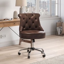 Retro Tufted Armless Swivel Office Chair Accent Brown Leather Desk Vanity Chair