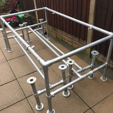 Industrial Interclamp Scaffold Table + 2 Benches  42mm Galv Tubes scorched wood.