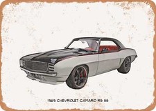 Classic Car Art - 1969 Chevy Camaro RS SS Pencil Sketch - Rusty Metal Sign 2