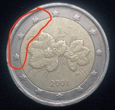  Error 2 Euro Coins Finland 2001 Mulberry with Errors On Stars 