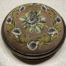 VINTAGE ANTIQUE VICTORIAN BEADWORK  ROUND WOODEN FOOTSTOOL.