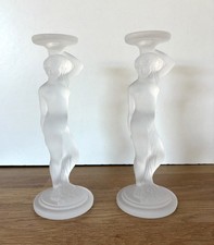 Pair of Vintage WALTHER & SOHNE Frosted Glass Art Deco Nude Woman Candleholders 