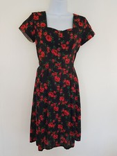 Vintage Dress Black Floral Size 10 Dirndl Retro Pockets Pleated Button Front