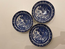 3x Vintage Burleigh Ware Blue Willow Saucer Plate Gold Trim England 16cm