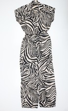 F&F Women’s Black Beige Animal Print Collared Wide Leg Jumpsuit Size 8