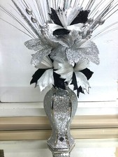 Silver Vase With Flowers Mosaic Crushed Crystal Romany Glitter Bling 30 cm