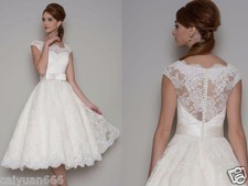 New White/Ivory Lace Tea Length Short Vintage Wedding Dress