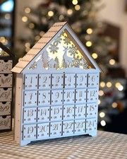 Christmas Wooden Advent Calendar LED Light Up Woodland House White Countdown