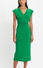 CUE stretch midi bodycon dress sz 14 / green empire-waist cap sleeves ruched
