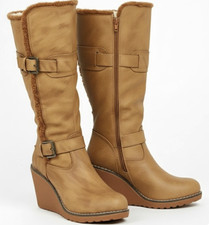 LADIES KNEE HIGH BOOTS FUR LINED WOMENS FAUX LEATHER ZIP UP WEDGE BOOTS SIZE UK