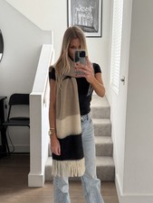 Beige Black Striped Woven Long Scarf Soft Acrylic Fringed Wrap Shawl One Size