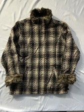Vtg WOOLRICH Women's L Brown Plaid Wool Blend Jacket Faux Fur Collar Cuff