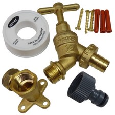Outside Tap Kit with Brass Wall Plate Elbow, Bib Tap, Garden Hose Fitting & PTFE