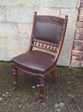 Brown leather  & mahogany Victorian Occasional Chair hallway chair Antique 