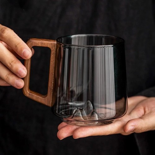 Glass cup wooden - cup, handle