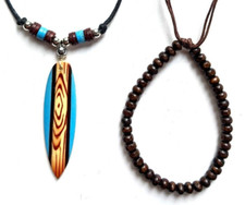 Mens Boys Surfer Necklace Bracelet Set Blue Brown Bead Surf Surfboard Ocean Wave