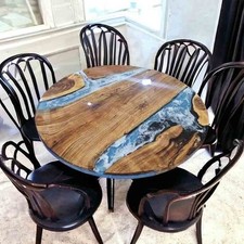 Round Epoxy Coastal Tabletop | Blue Ocean Resin Inspired Console Table Home Deco