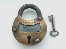 ANTIQUE WW1 BRITISH ARMY MILITARY BATTLE MARNE BRASS PADLOCK WORKING + KEY 3.34"
