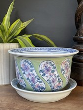 Vintage Small Chinese Oriental Floral Plant Planter Pot Saucer Green Pink Blue