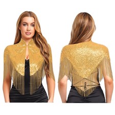 Womens Sparkly Sequin Shawl Bridal Bolero Cover Up Glitter Fringed Evening Cape
