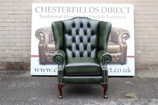 High Back Armchair Green 100% Genuine Leather Queen Anne New Vintage Look