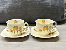 PAIR OF VINTAGE TEA CUPS AND SAUCERS BIRD FLORAL PATTERNED SET RETRO PORCELAIN