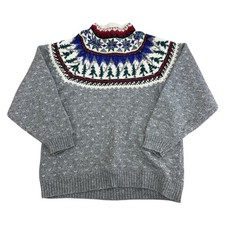 Eddie Bauer Icelandic Knit Jumper Wool Blend Nordic Fair Isle Grey Womens Medium