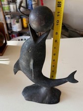 Vintage Bronze Marine Dolphin Balancing Ball On Its Nose Art Sculpture - 11 3/4"