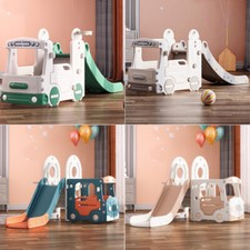 Kids Slide and Swing Set with Basketball Hoop Bus Playhouse Toddler Climber Toys