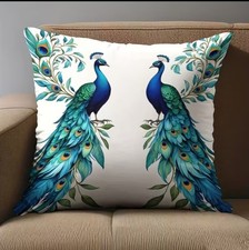 1 X Beautiful Peacock Cushion Cover Throw Pillow Feathers White Blue Green 45cm