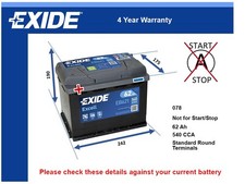 Car Battery EB621 Exide 078 540A 62Ah 4Yr Warranty 242x175x190 Excell