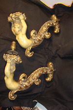 Antique rare hand carved cherub wall sconce lamps 14" long polychrome gilded