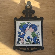 Vintage Cast Iron and Ceramic Tile Trivet, Children love kissing Japanese 
