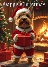 YORKSHIRE TERRIER CHRISTMAS CARD WITH A YORKIE DOG IN A SANTA SUIT & XMAS HAT