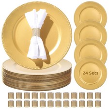 48 Pcs Charger Plates and Napkin Rings Set, 24 Gold Plastic Charger Plates wi...