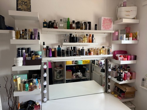Shelves table and mirror with - and,