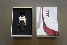 NIB Genuine Audi Classic Silver Stainless Steel Black Leather keychain Key Ring