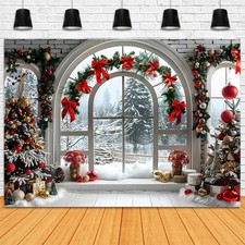 Christmas Arched Window Snowy Landscape Backdrop Photo Background Party Banner 