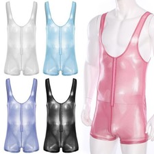 UK Men Lingerie Shiny Sheer Bodysuit One Piece Mesh See-Through Mankini Jumpsuit