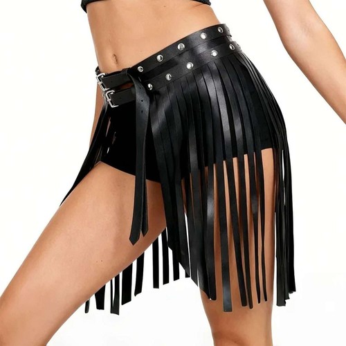 Faux leather black fringe - faux,