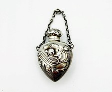 Antique Art Nouveau Sterling Silver Chatelaine Heart Perfume Bottle w/ Poppies