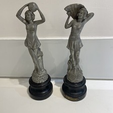 ART DECO PAIR WHITE SPELTER DANCING FIGURES C1920’s 12" Tall