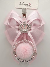 Crown Big Bow Romany Pram Charm Pink White Pom Pom Fur Baby Shower Gift Any Name