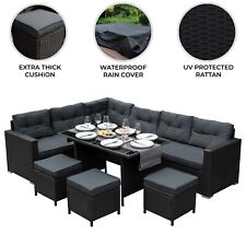 Rattan Garden Furniture Set Black Corner Sofa Stools Table Waterproof Cushions