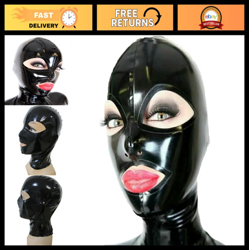 Full face black latex hood - latex,