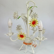 Vintage French 3 Arm Toleware Ceiling Light with Metal Leaves & Yellow Daisies