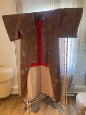 Ladies Long Japanese Vintage Kimono Silk One Size Lined Light Burgundy