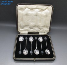 ART DECO CASED SET 6 SOLID SILVER BEAN TOP COFFEE SPOONS 51g SHEFFIELD 1926