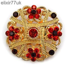 NEW GOLD SPARKLY FLOWER BOUQUET BROOCH RED DIAMANTE CRYSTAL WEDDING PARTY BROACH
